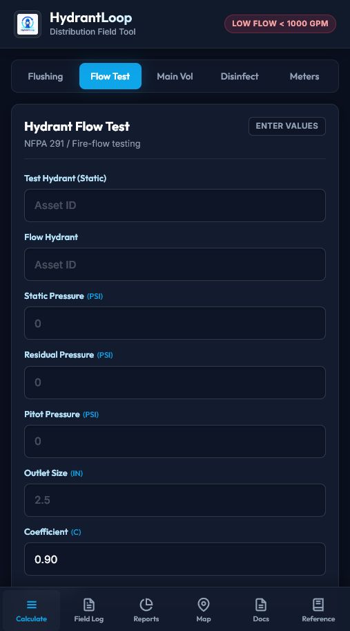 HydrantLoop flow test calculator screen