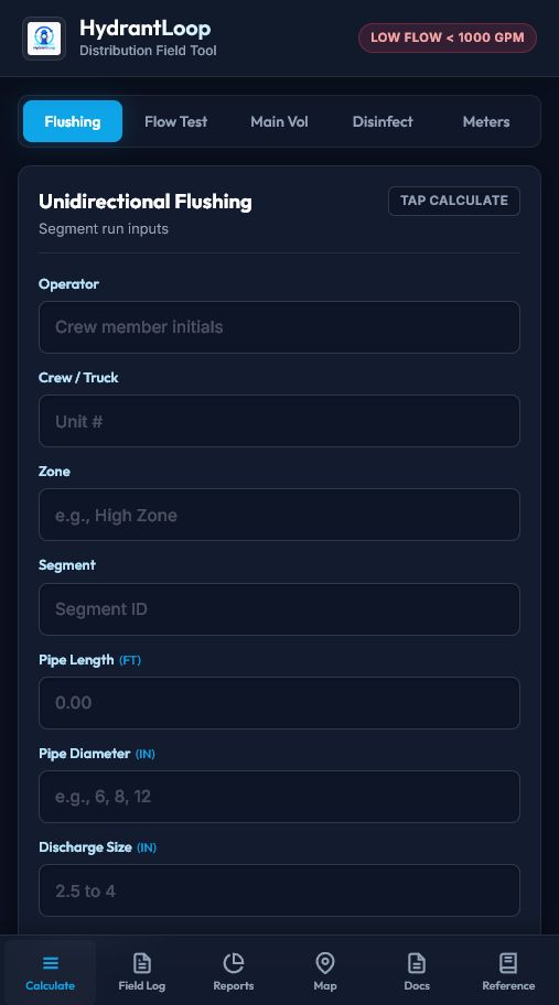 HydrantLoop flushing calculator screen