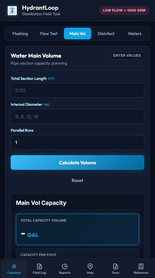 HydrantLoop water main volume calculator screen
