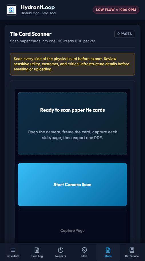 HydrantLoop tie card scanner screen