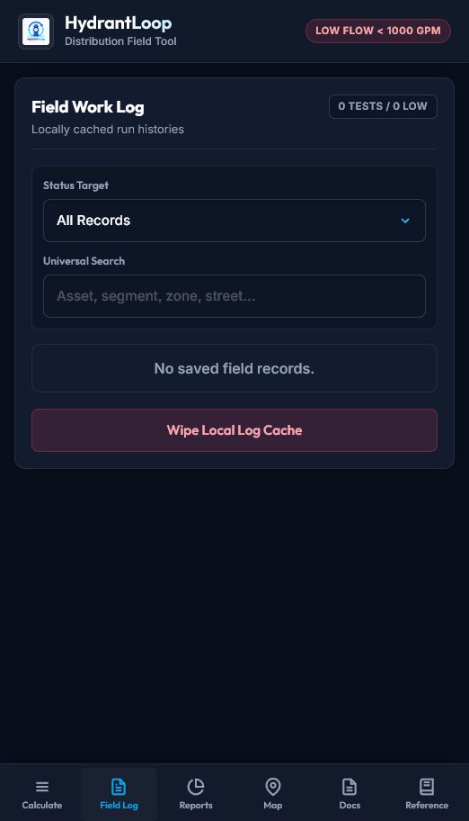 HydrantLoop field log screen