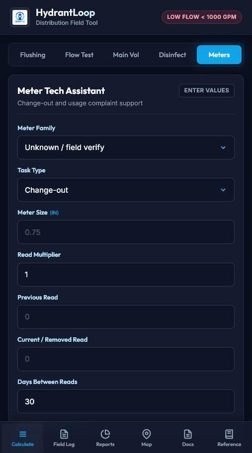 HydrantLoop meter technician tools screen
